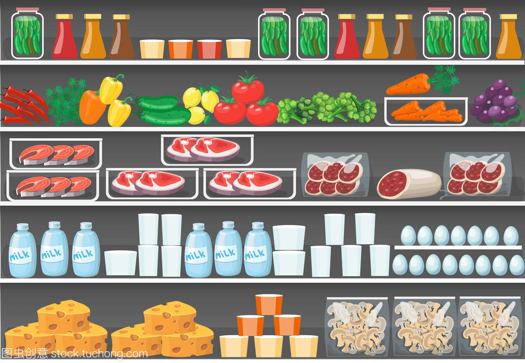 貨架上的產(chǎn)品。矢量食品超市